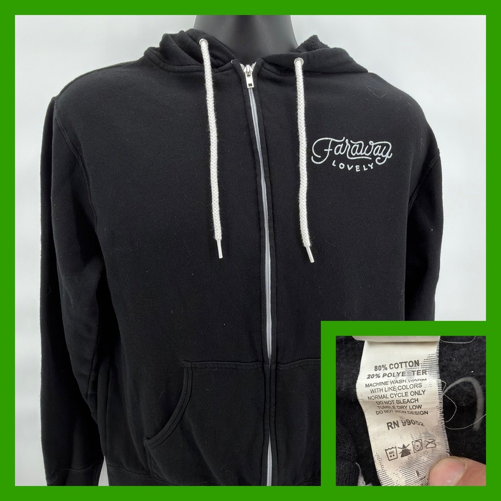 Faraway Lovely Hoodie Mens Large Black Full Zip Graphic Mountains Trees Fleece L
